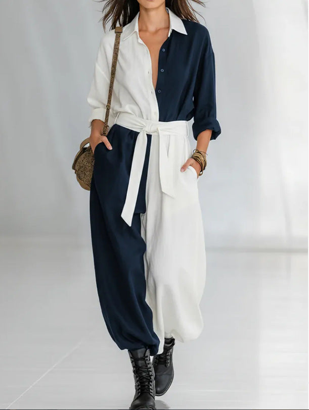 Spring Solid Colored Patchwork Long Sleeve Shirt Lace Up Jumpsuit
