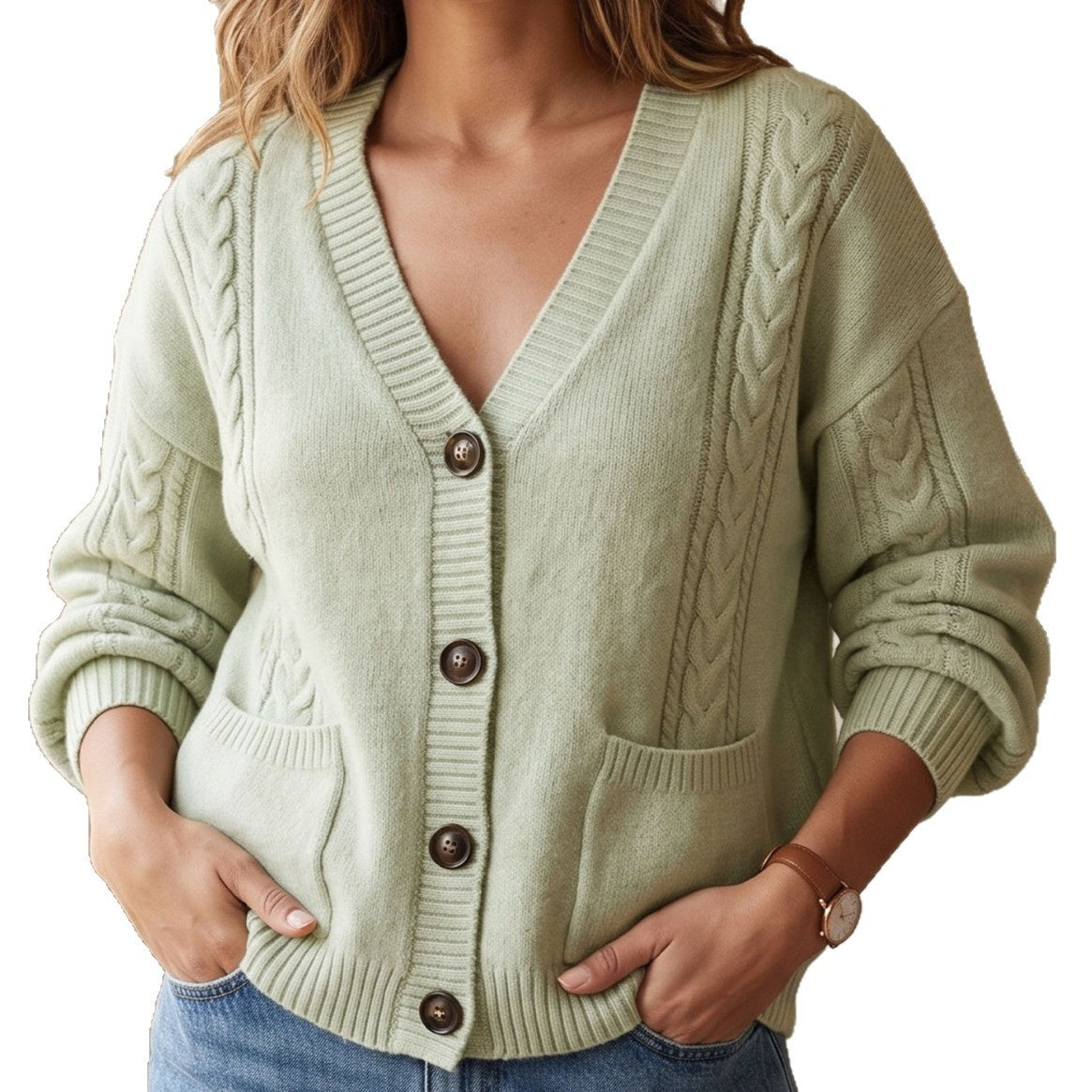 Womens Autumn Winter Cable-knit Cardigan with V-neck and Long Sleeves