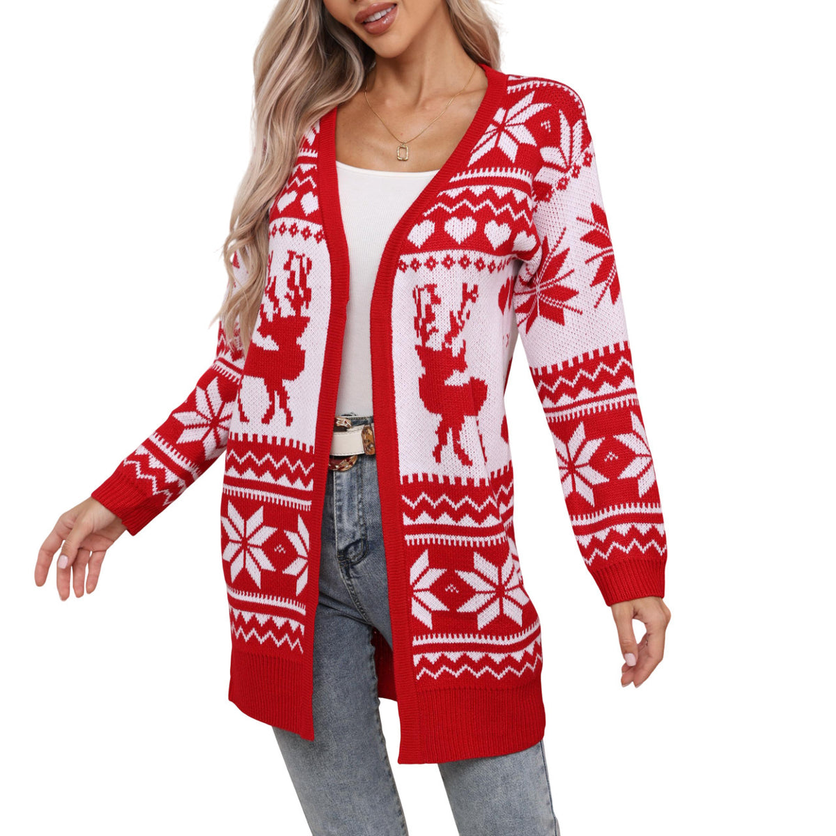 Elk Snowflake Embroidered Knitted Cardigan Coat for Women