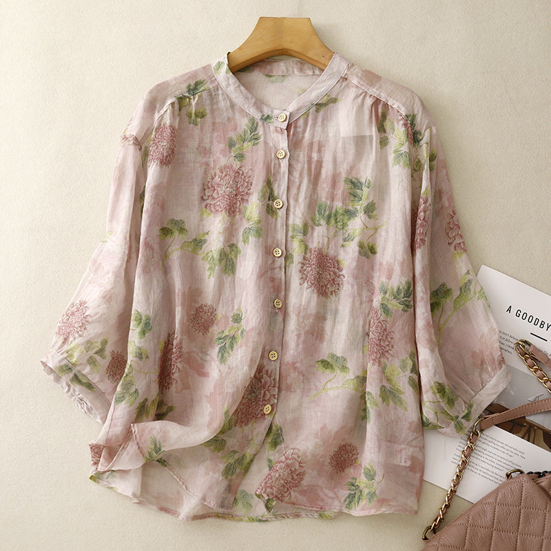 Sweet Doll Shirt With A Round Neck Three-quarter Sleeves And A Delicate Peony Floral Print On Ramie Fabric