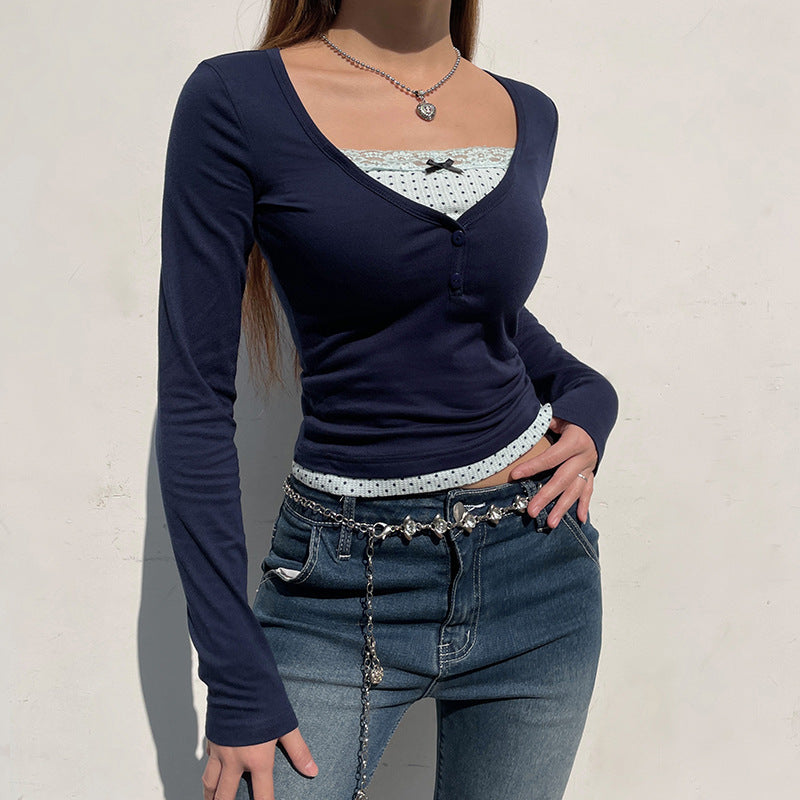 Chic V-Neck Colorblock Bow Tee for Women