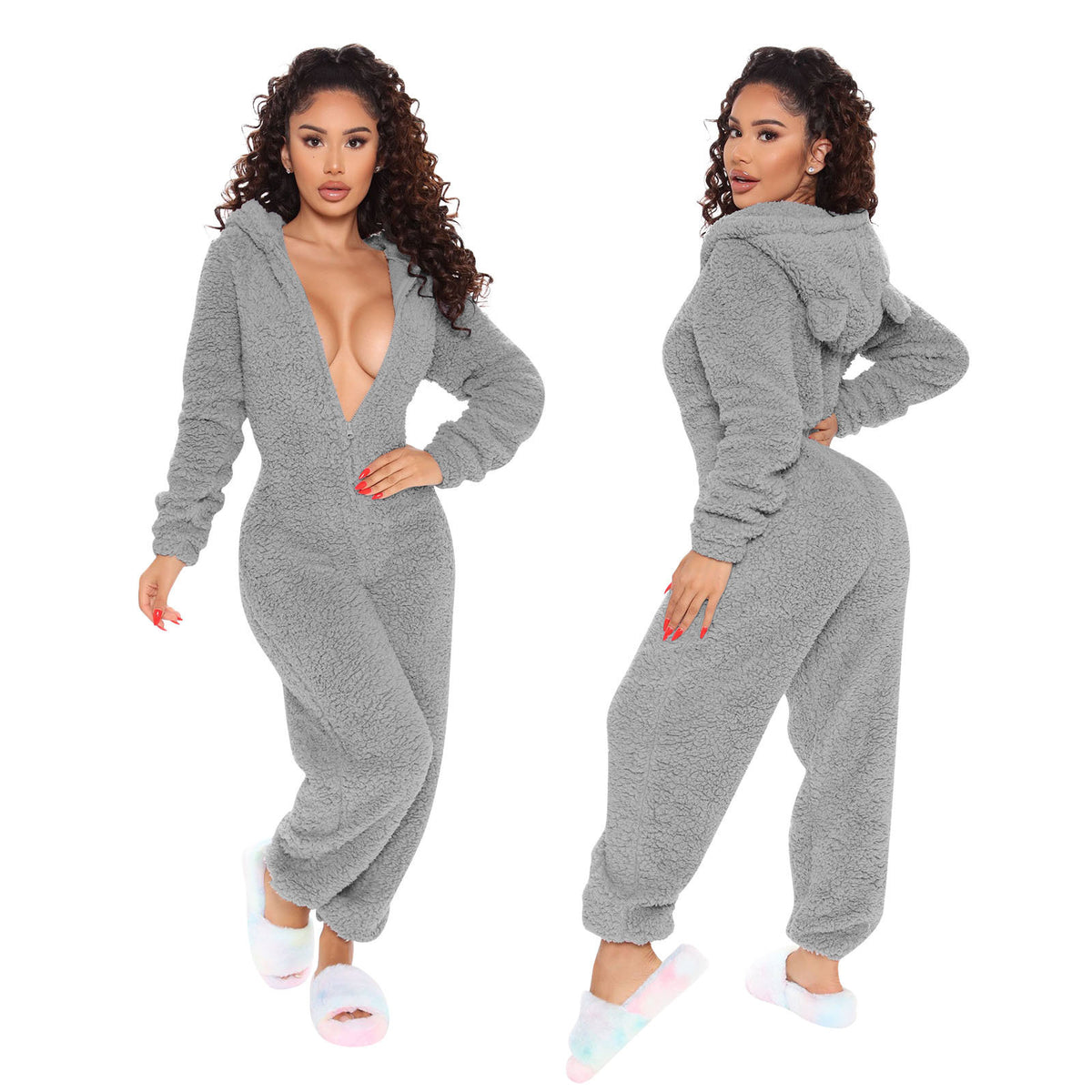 Cozy Plush Hooded Long Sleeve Jumpsuit Pajamas