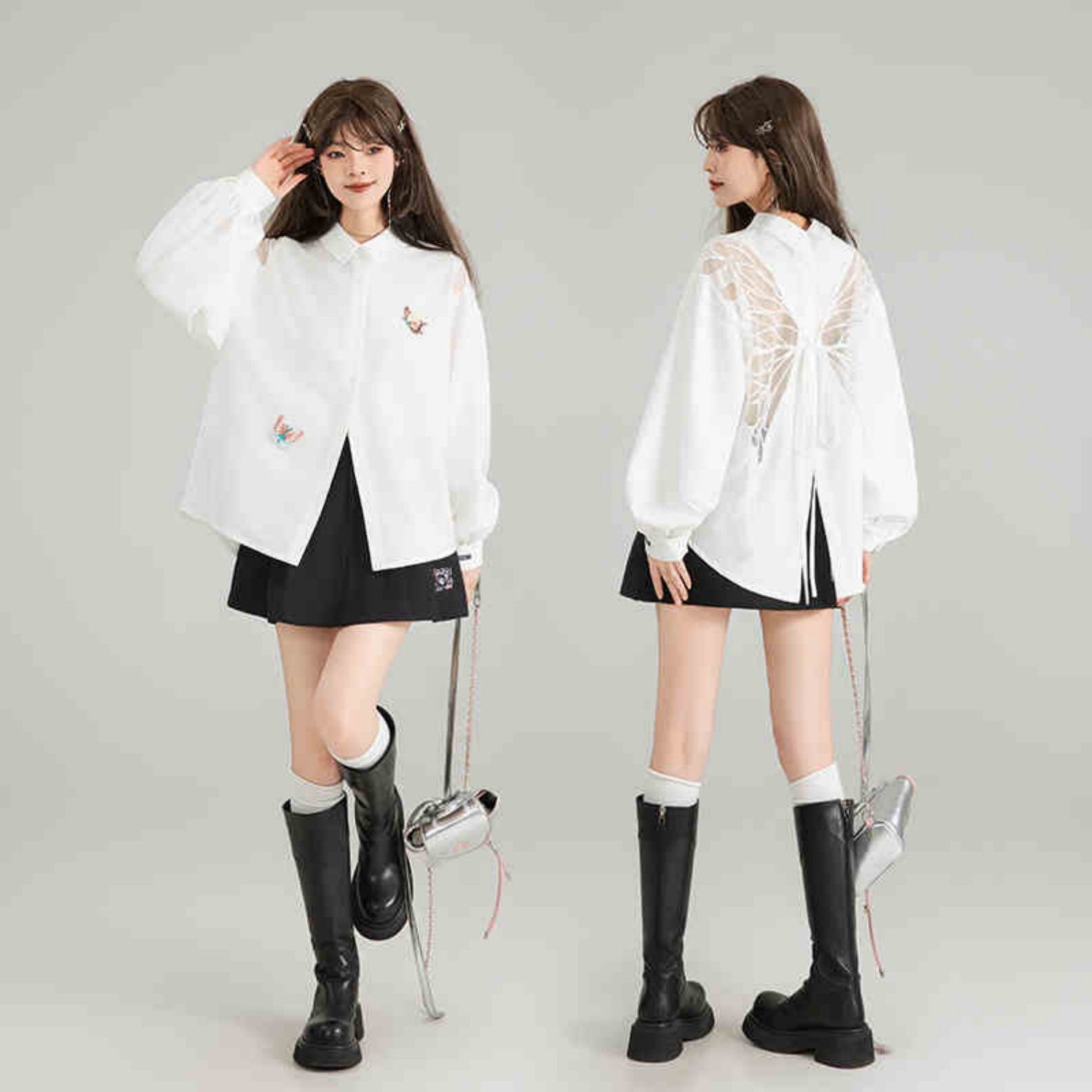 Butterfly Embroidered Black Long Sleeve Shirt