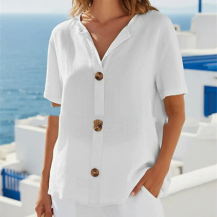 Loose-fit T-shirt Womens V-neck Cotton-Linen Button-Up Top Short-Sleeve Shirt