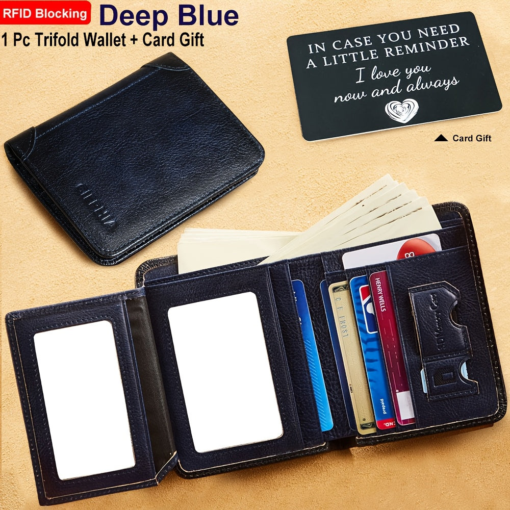 RFID Blocking Trifold Leather Wallet – Cowhide, Vintage Short Design with Money Clip and 2 ID Windows
