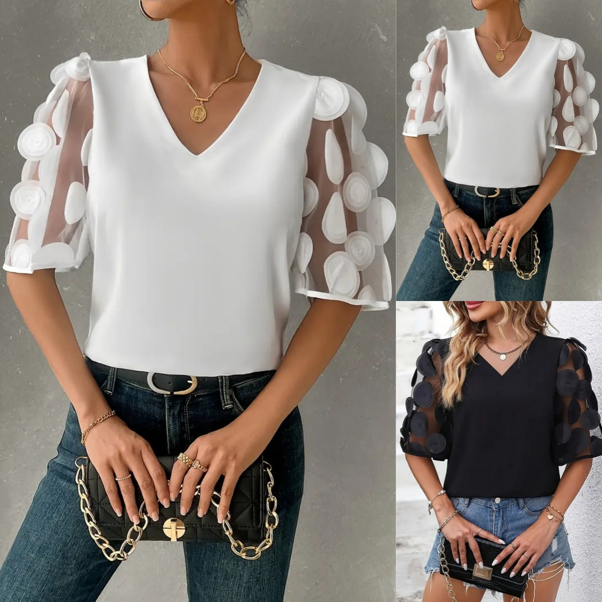 Elegant Lace Patchwork V-Neck Short Sleeve Top