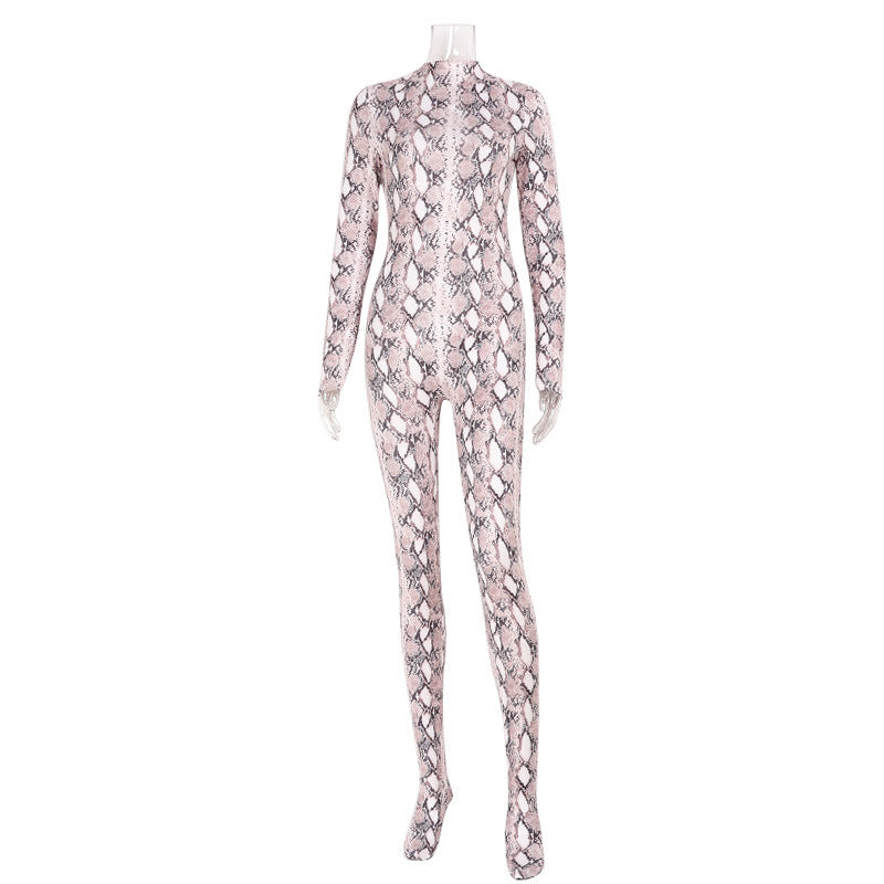 Womens Long-Sleeve Bodysuit With European And American Snake-Print Mesh And Floral Print