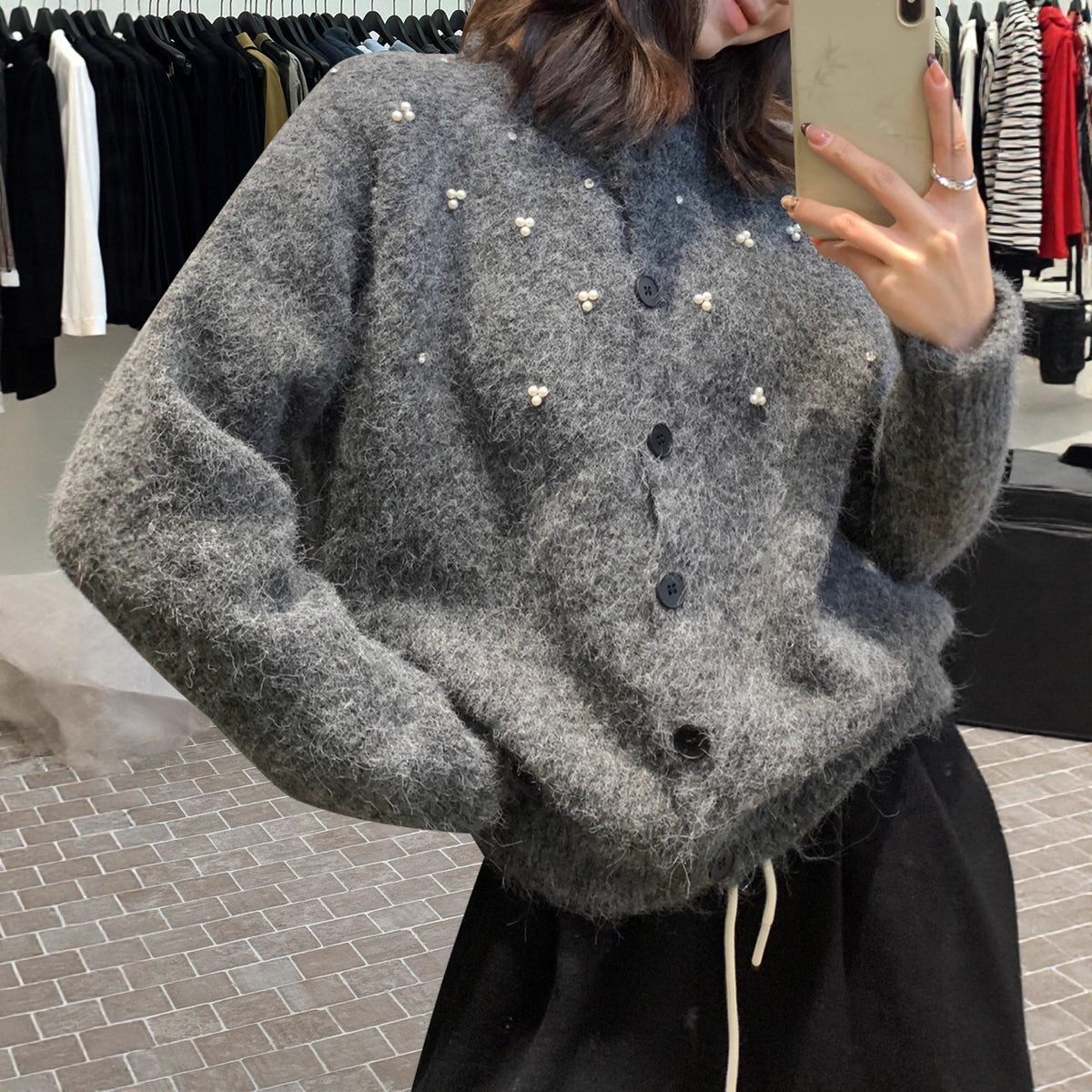Women's Three-dimensional Pearl Sweater Cardigan Loose Knitted Coat