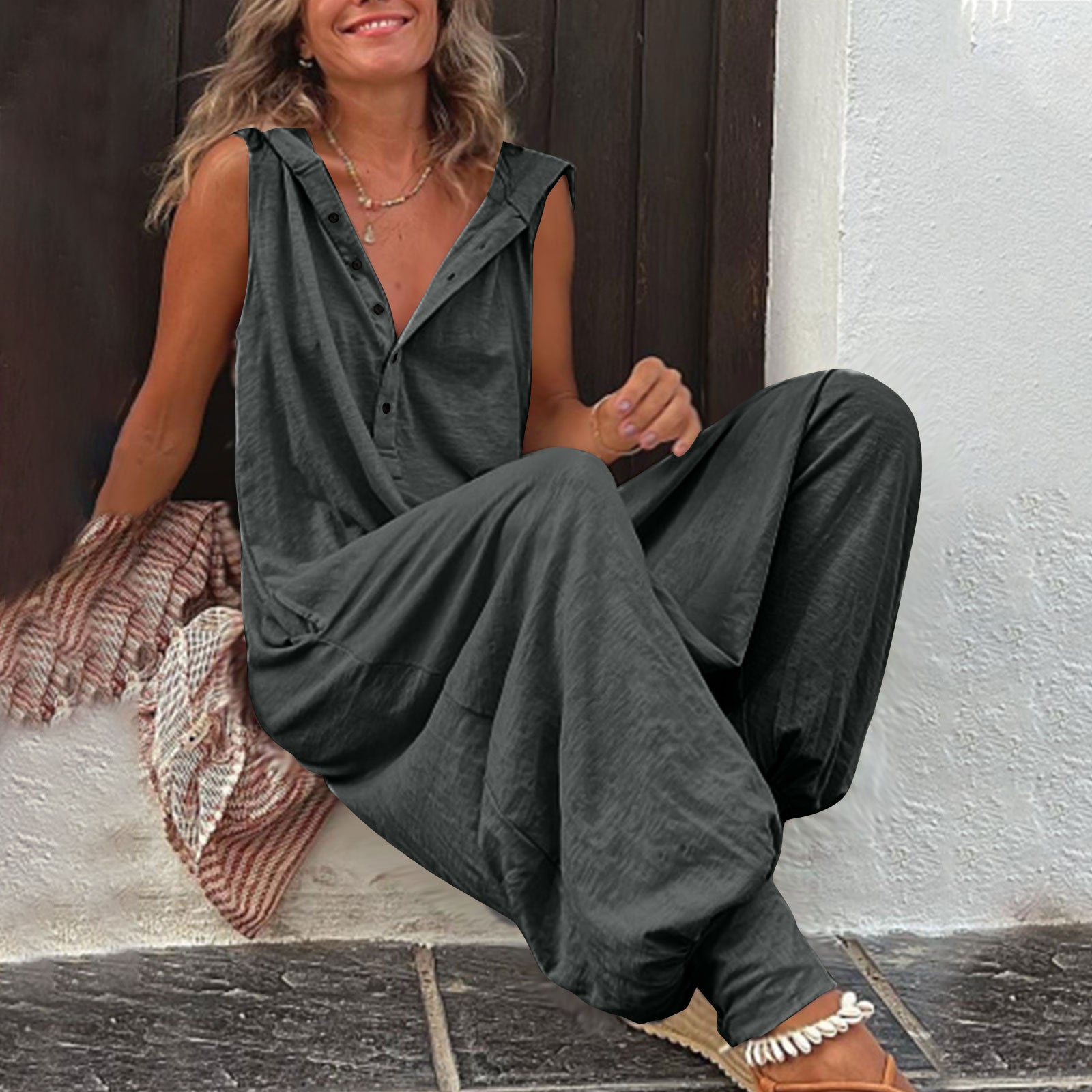 Buttoned Hooded Sleeveless Pants For Women