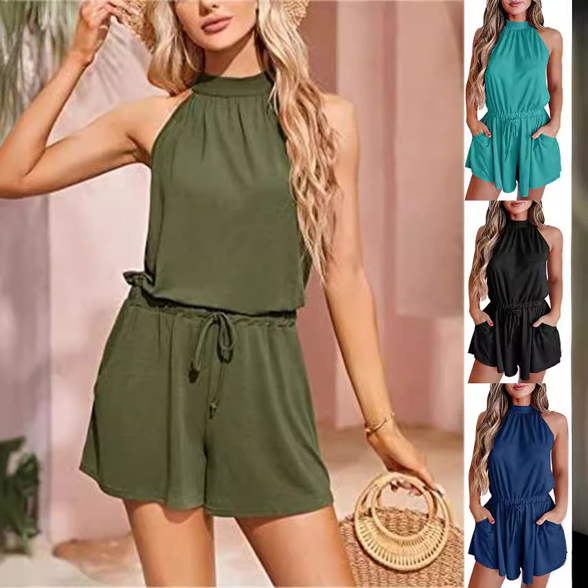 Women's Printed Halter Lace-Up Loose Jumpsuit Romper