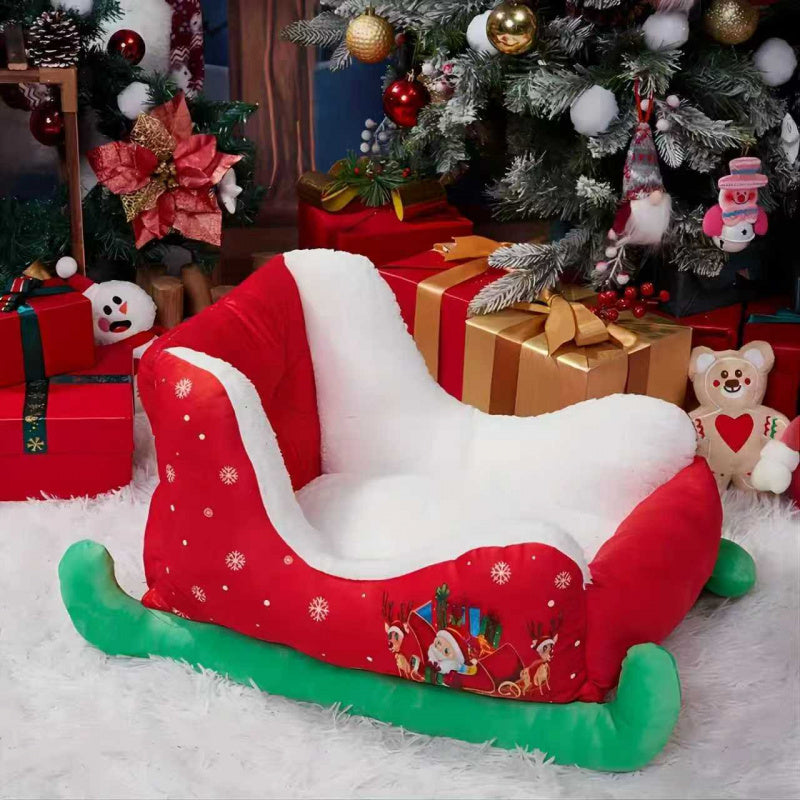 1pc Christmas Sleigh Dog Bed & Cat Bed - Red & White Winter Pet Bed With Santa Sleigh Design, Plush -filled Cushion, Green Trim & Snowflake/poinsettia Patterns - All-size Dog & Cat Bedding For Xmas