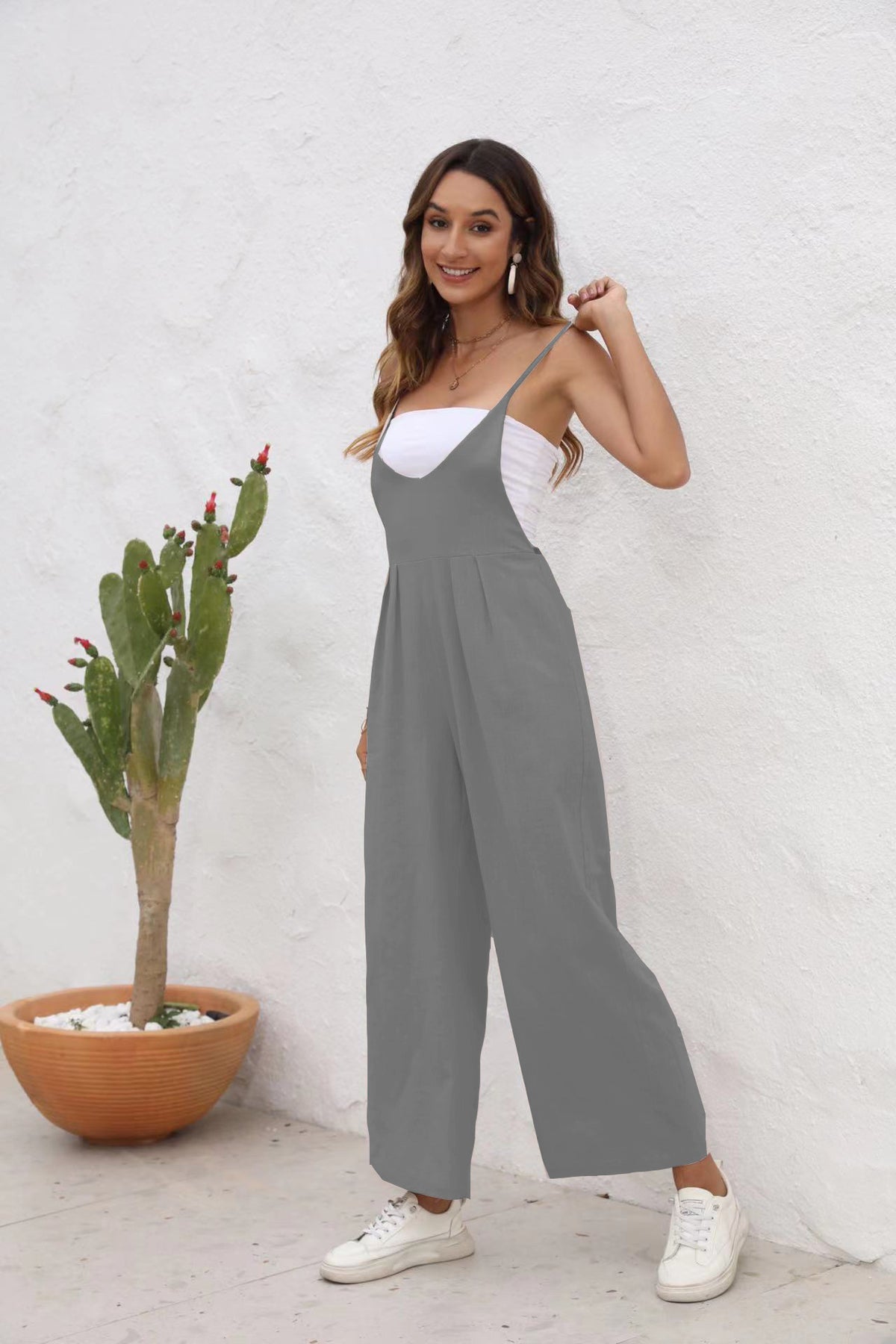 Women's Casual Cotton Linen Solid Sleeveless Jumpsuit