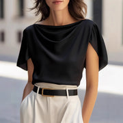 Scoop-neck Draping Short-sleeve Top Casual Shirt For Women