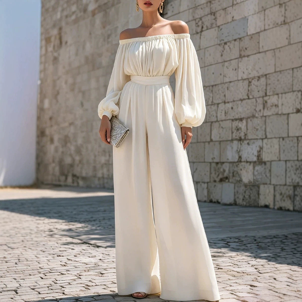 One-shoulder Puff-sleeve Waist-cinching Wide-leg Jumpsuit