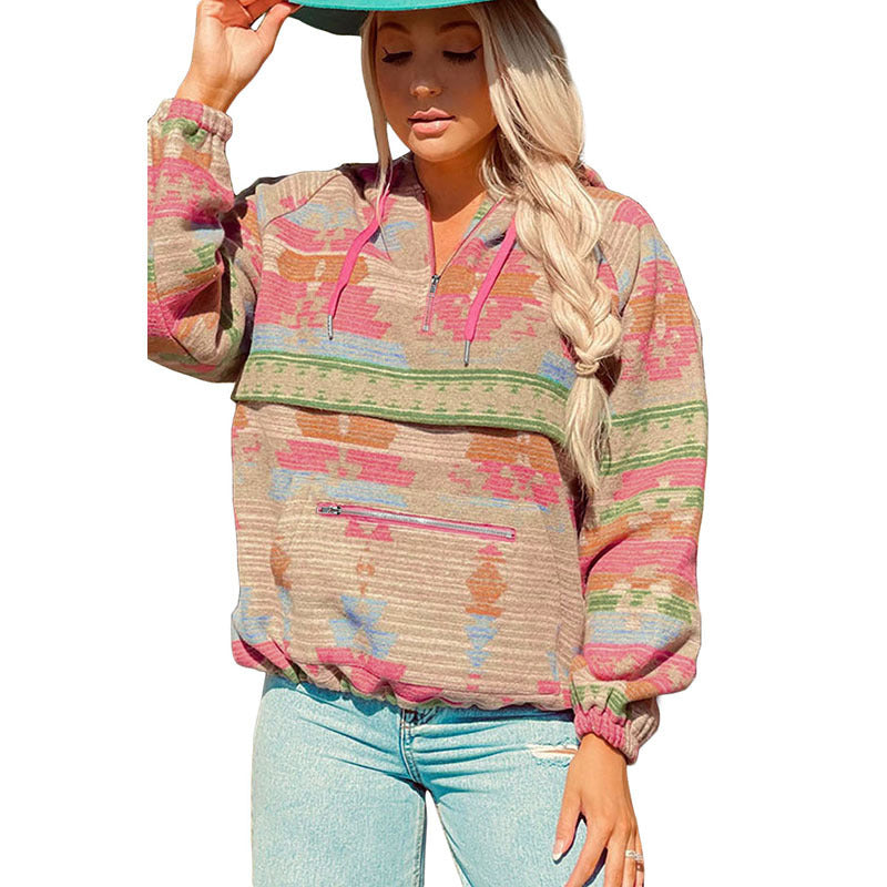Women's Abstract Printed Zip Hoodie Casual Pullover