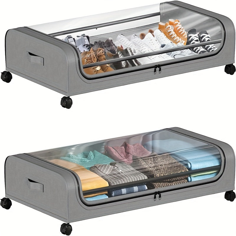 2pcs Under Bed Storage Organizer Metal Underbed Bins With Wheels And Lid Metal Underbed Storage Containers Under Bed Rolling Storage For Clothes, Bedding, Shoes, Blankets, Books, Toys, Under-Bed...