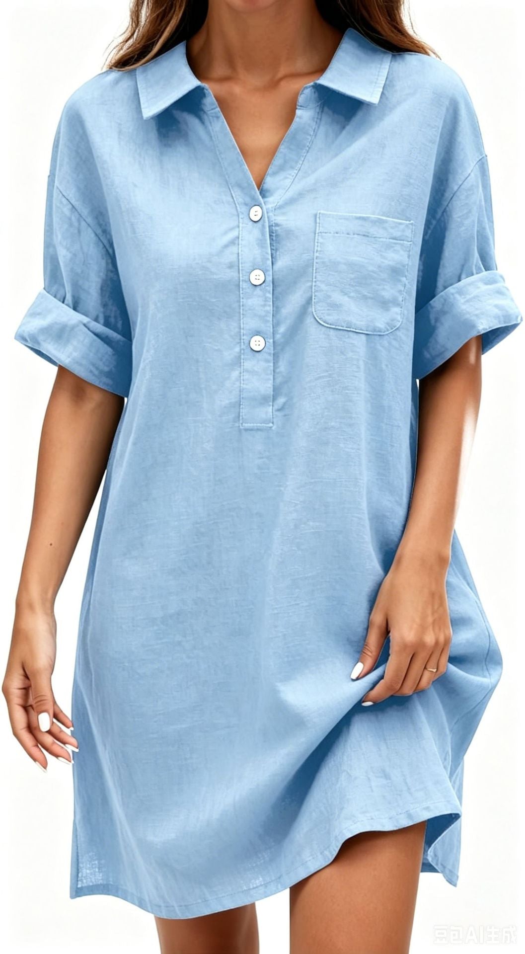 Cotton-linen Solid-color Shirt-collar Casual Breathable Dress