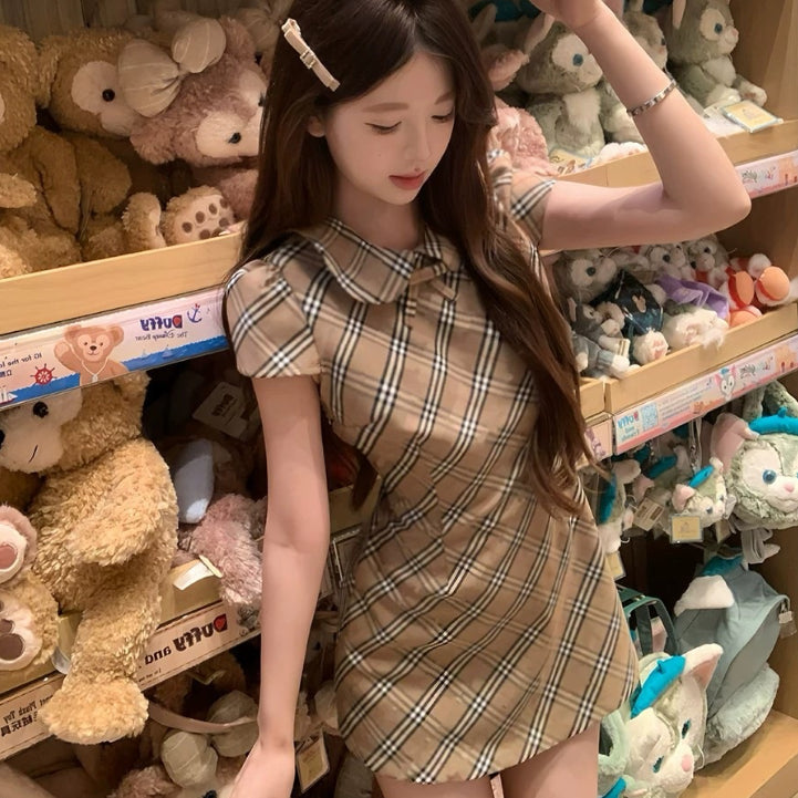 Sweet Aristocratic Plaid Mini Dress with Belt