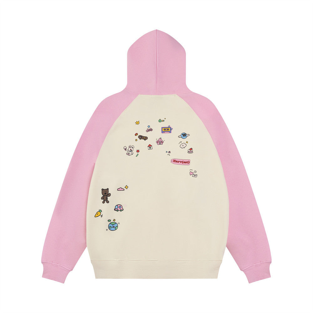 Cute Cartoon Print Loose Hooded Sweatshirt