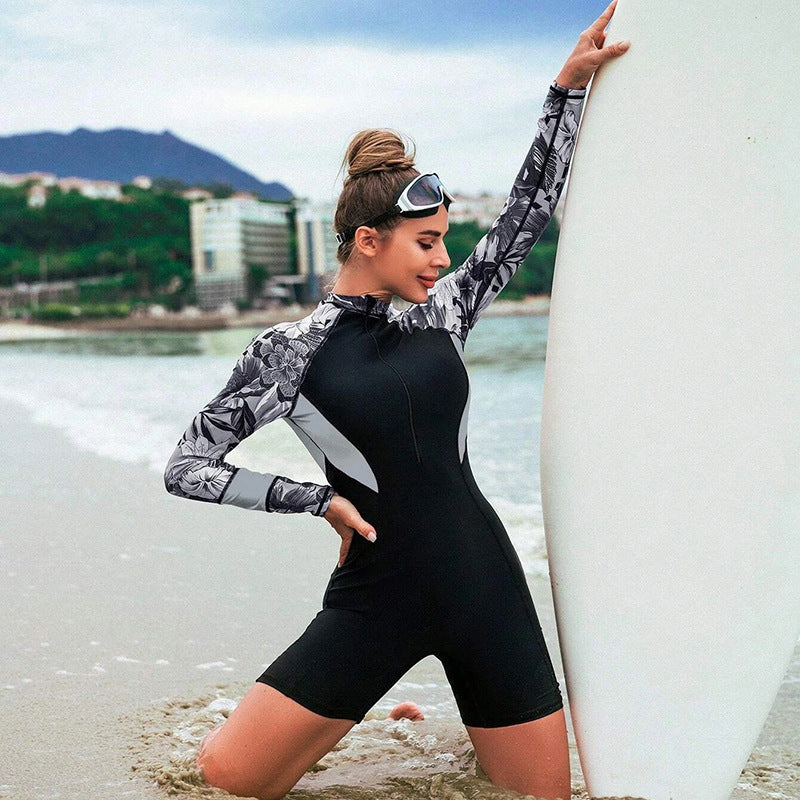 Women's Printed Long-sleeved Zipper One-piece Swimsuit