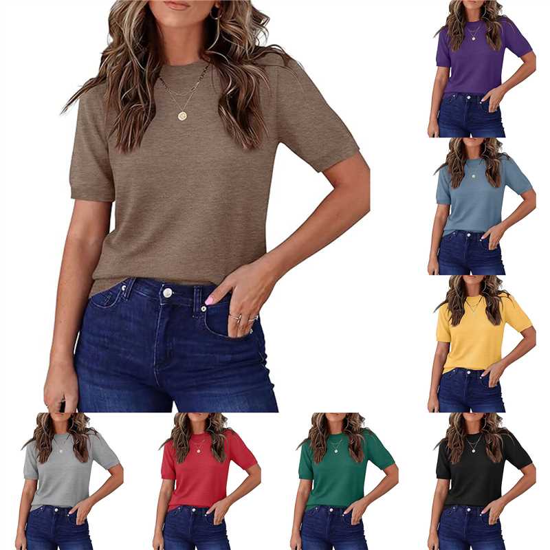 Women's Summer Lightweight Knit Short Sleeve T-shirt Solid Crewneck Loose Regular Fit Casual Versatile Top Sweater