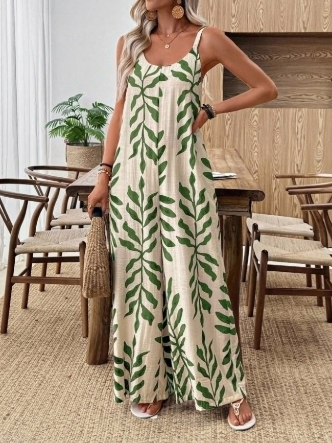 Chic Tropical Leaf V-Neck Jumpsuit with Pockets
