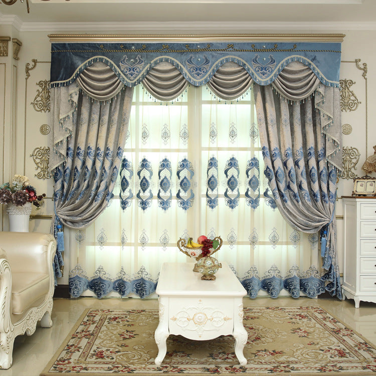 Blue Chenille Embroidered Curtains for Living Room Bedroom and Villa