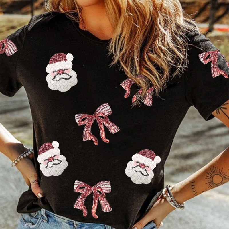 Festive Black Santa Bow Tee – Cozy Holiday Vibes