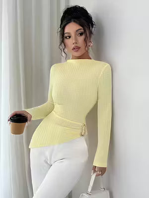 Elegant Yellow Long Sleeve Knit Top – Light Fall/Winter Pullover