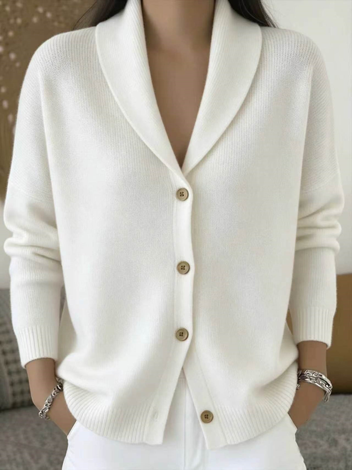 Womens Knitted Cardigan Loose-fit Lazy Style Soft and Cozy Notch Lapel Solid Color Long-sleeve Sweater