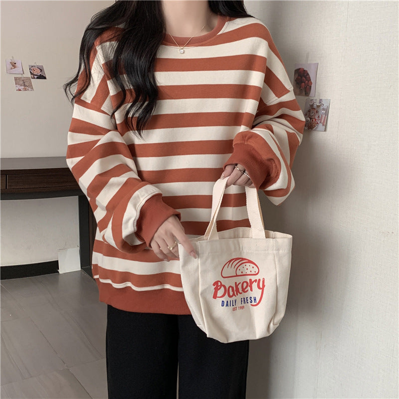 Retro Striped Crew Neck Casual Sweatshirt for Women