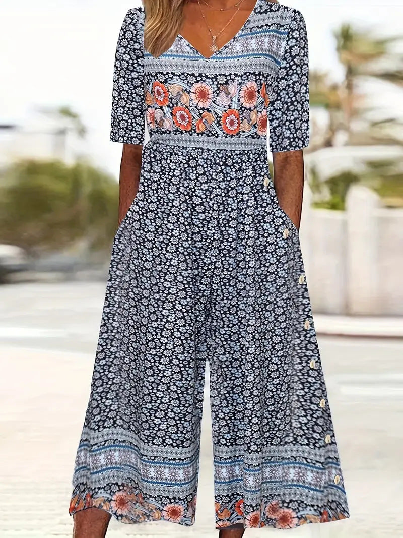 Women's Floral Print Long Sleeve Pocket Jumpsuit