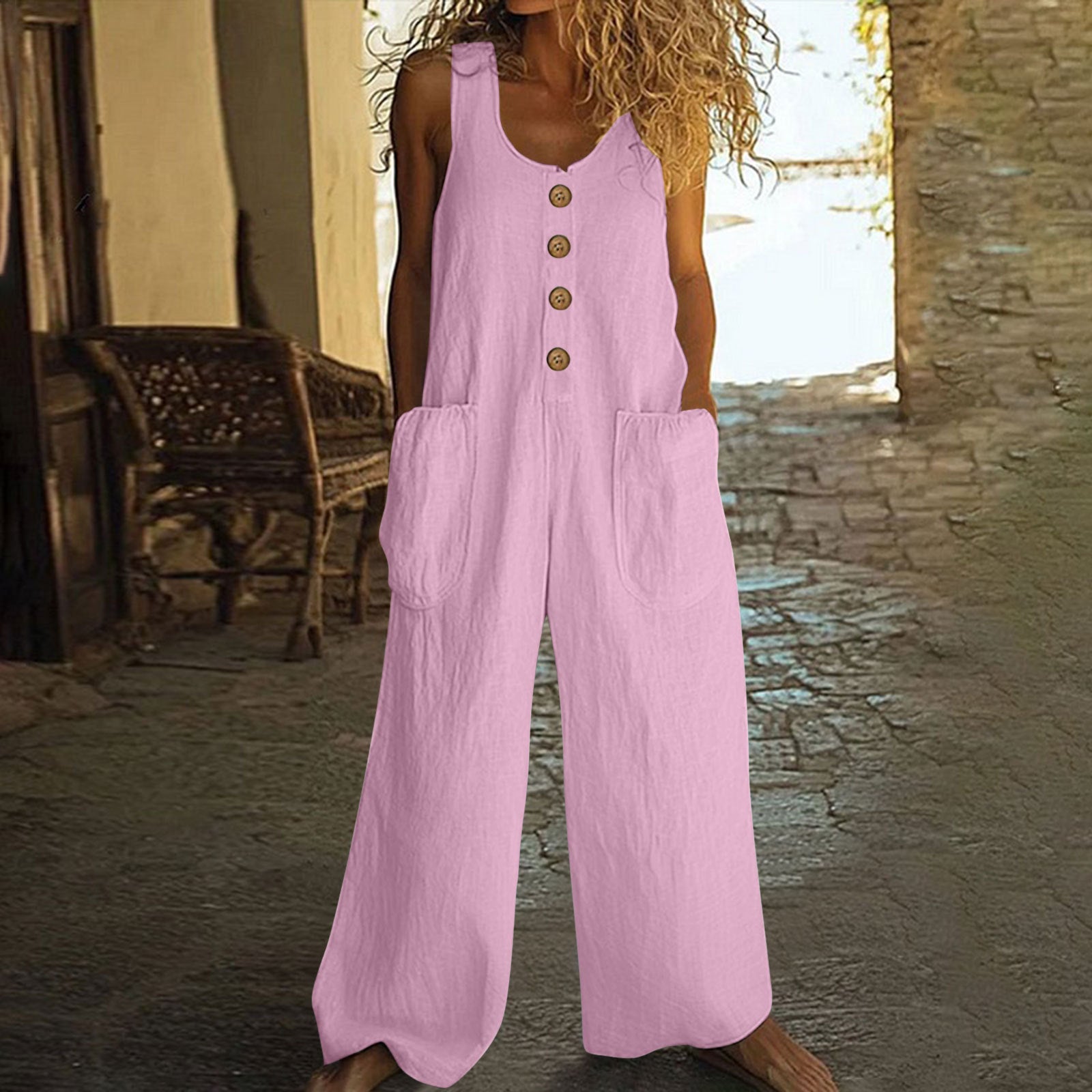 Casual Sleeveless Cotton Wide Leg Jumpsuit with Pockets