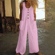 Casual Sleeveless Cotton Wide Leg Jumpsuit with Pockets