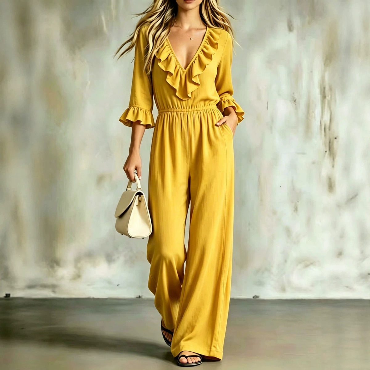 Women's Casual V-Neck Ruffled Flared-Sleeve Jumpsuit