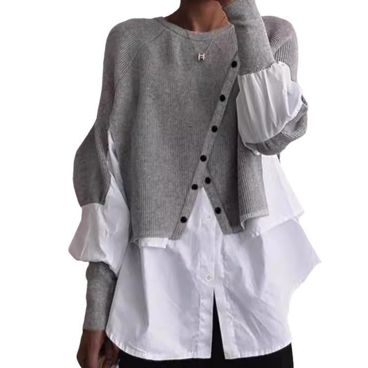 Autumn and Winter Pullover Women's Stitching Shirt Fake Two-piece Fashion