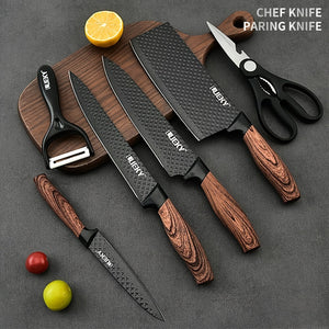 Professional 6pcs Kitchen Knives, Chef, Cleaver, Slicer, Utility Knife Peeler & Scissors Stainless Steel Ultra Sharp with Non-Stick Ergonomic Wood Handle Cooking Chef Knife Set for Home Travel Vege...