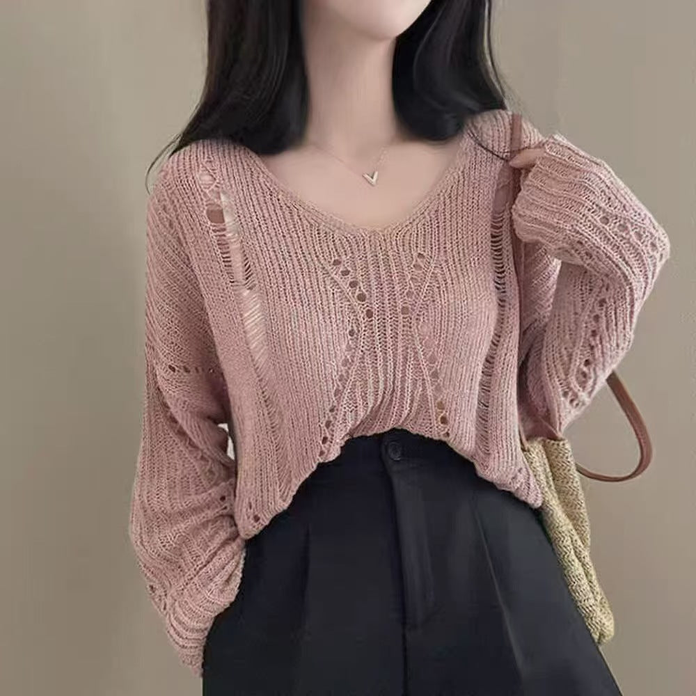 Hollow-out Ice Silk Thin Long Sleeve Mid-length V-neck Sweater