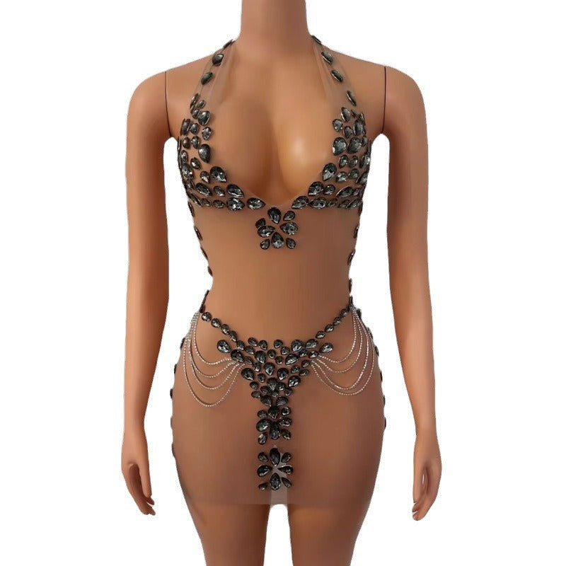 Women's Fashionable See-through Rhinestone Dress