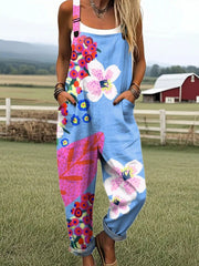Floral Print Pocket Suspender Jumpsuit for Women