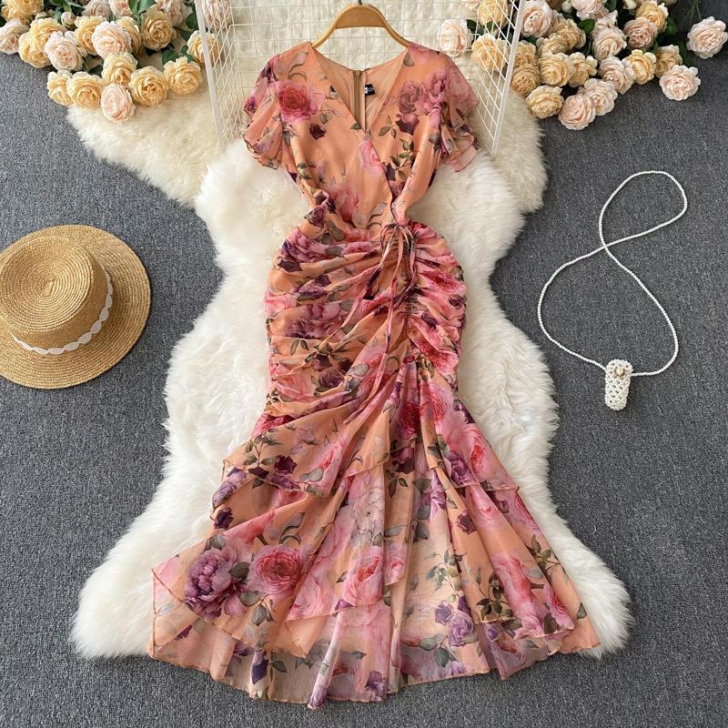 Fitted-waist Asymmetrical Floral Chiffon Mermaid Dress