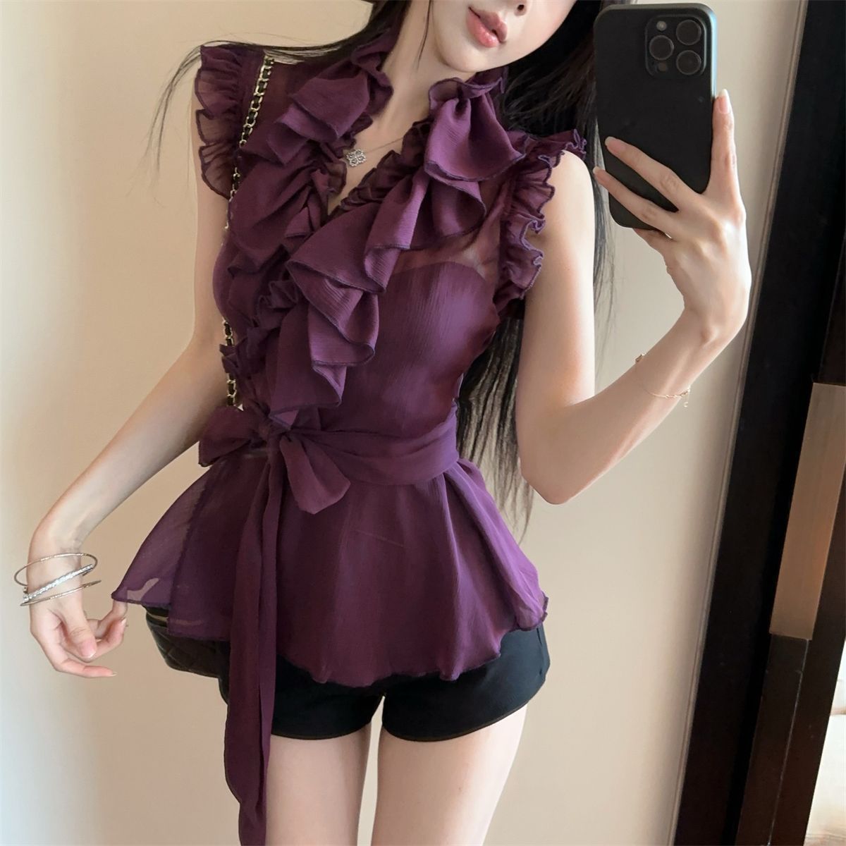 Sexy Hot Girl Ruffled V-neck Lace Up Chiffon Shirt