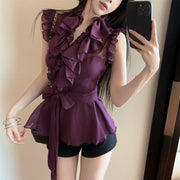 Sexy Hot Girl Ruffled V-neck Lace Up Chiffon Shirt