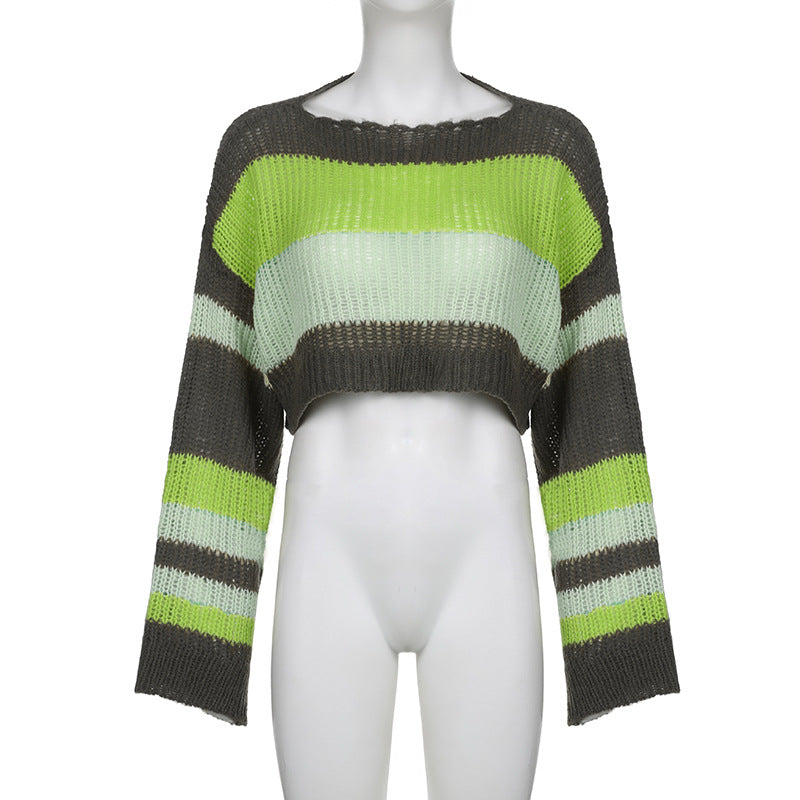 Chic Colorblock Wool Hollow Pullover Sweater