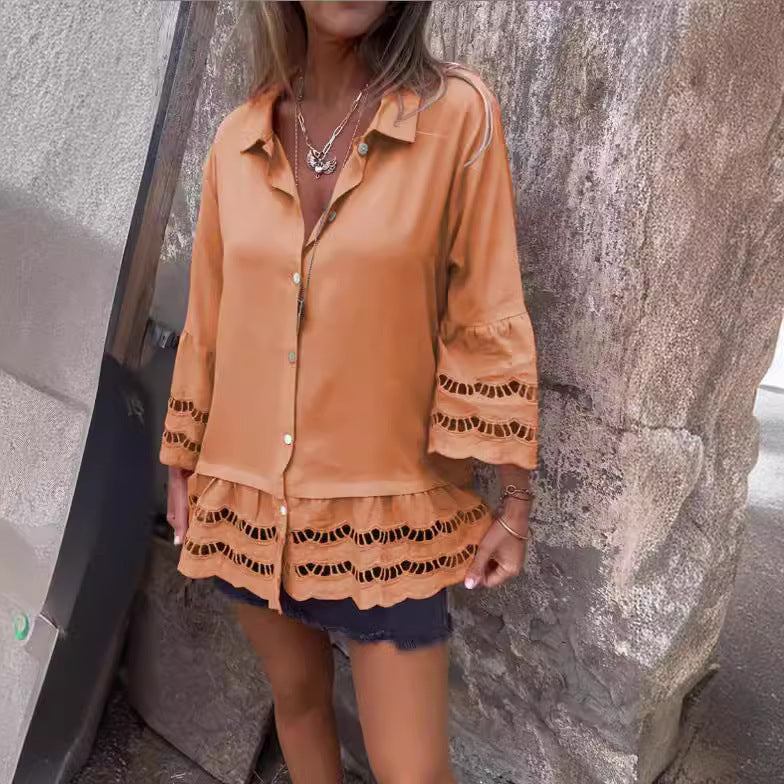 Lapel Long Sleeve Lace Ruffles Lotus Leaf Loose Shirt