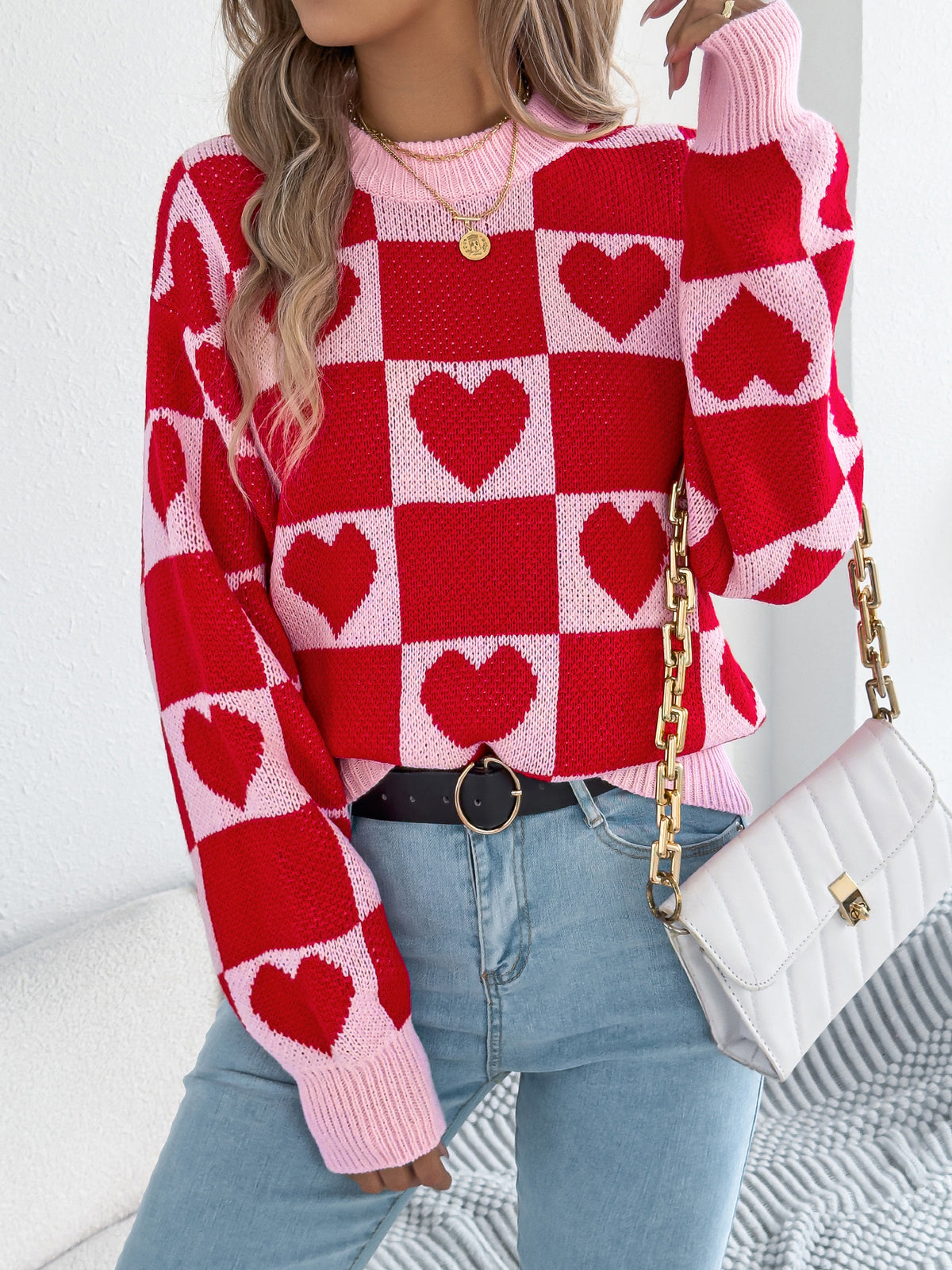 Women's Color-blocked Plaid Heart Lantern Sleeve Pullover Sweater for Valentine's Day