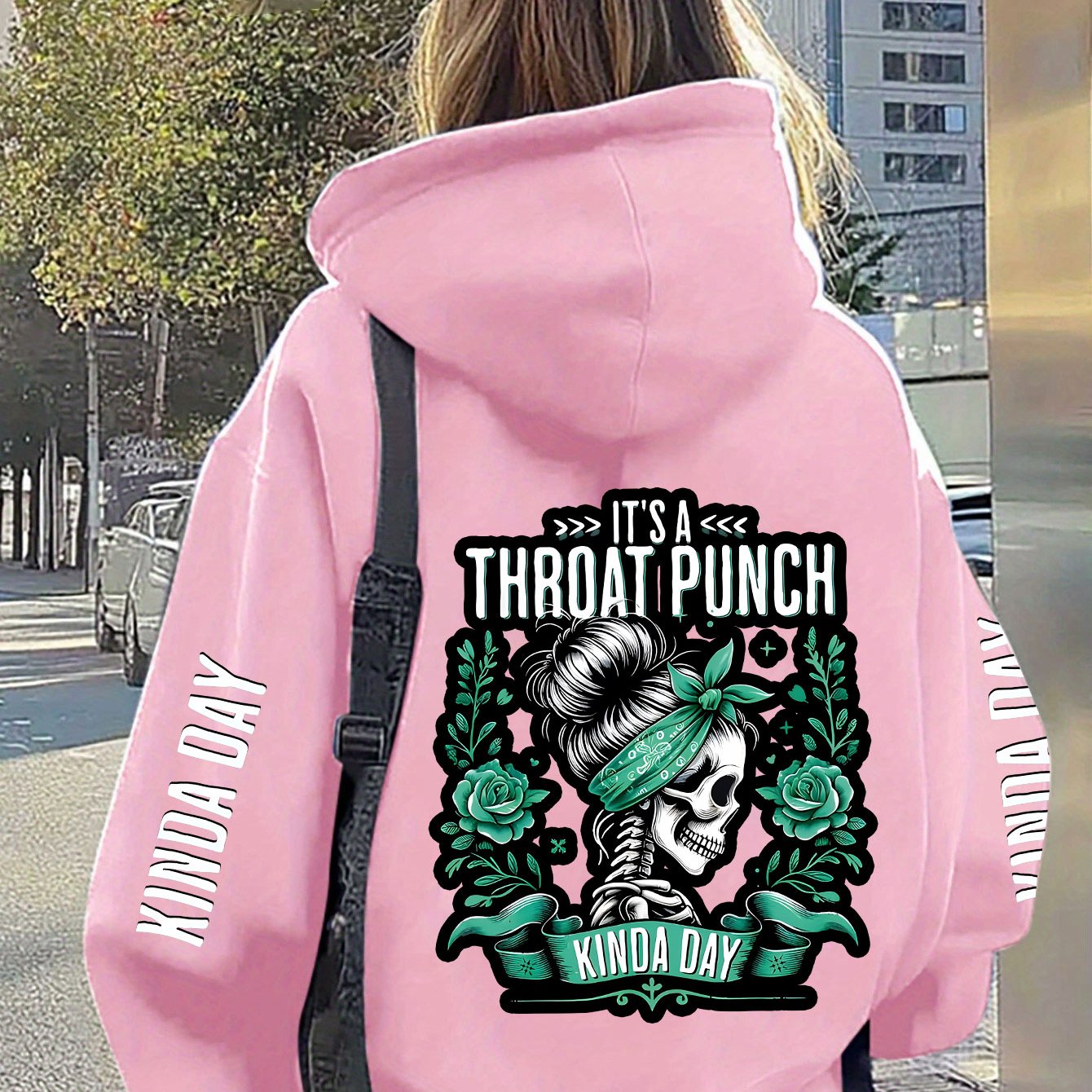 Large Hooded Sweatshirt with Green Rose Skull and American Retro Print