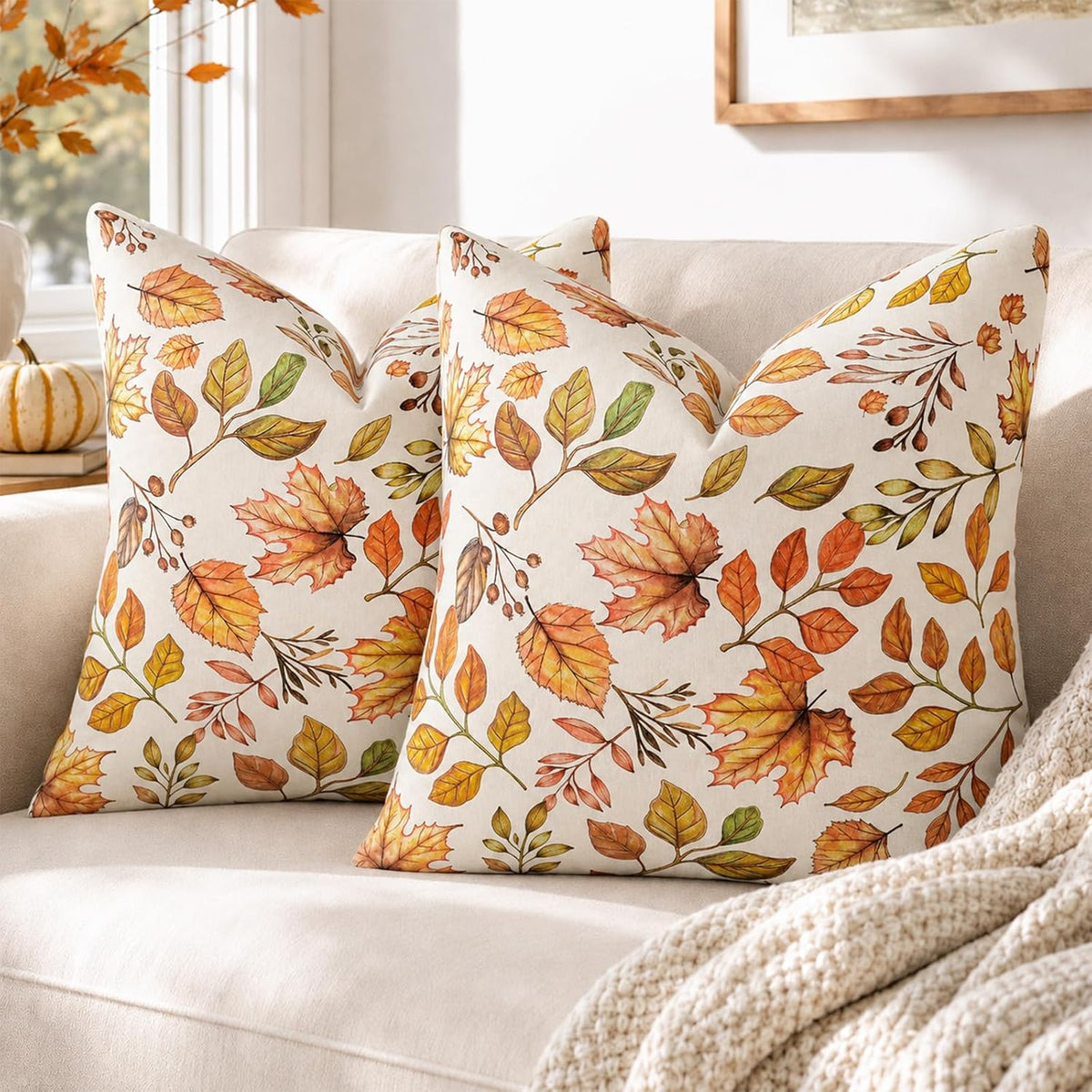 Fall Pillow Covers 2 Pack, 20x20 Inch Maple Leaf Cotton Cushion Cases for Sofa, Couch, Bed and Autumn Home Decor