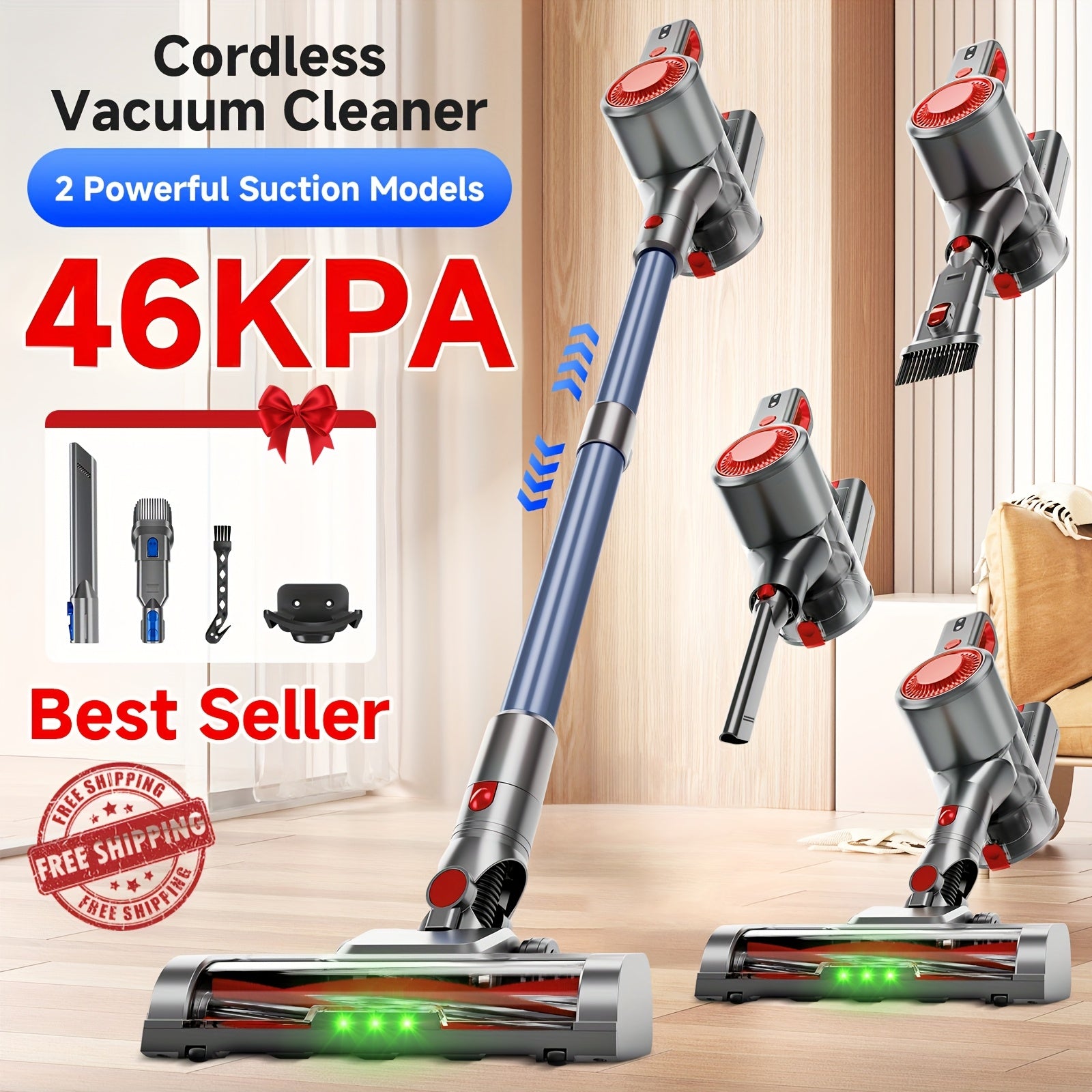 35-46 KPA Lightweight Vacuum Cleaner with Upgraded Green LED, Anti-tangle Brush, Removable Battery, Multiple Suction Levels, Up to 45 Minutes Of Battery Life, Women's Car Accessories, Vacuum...