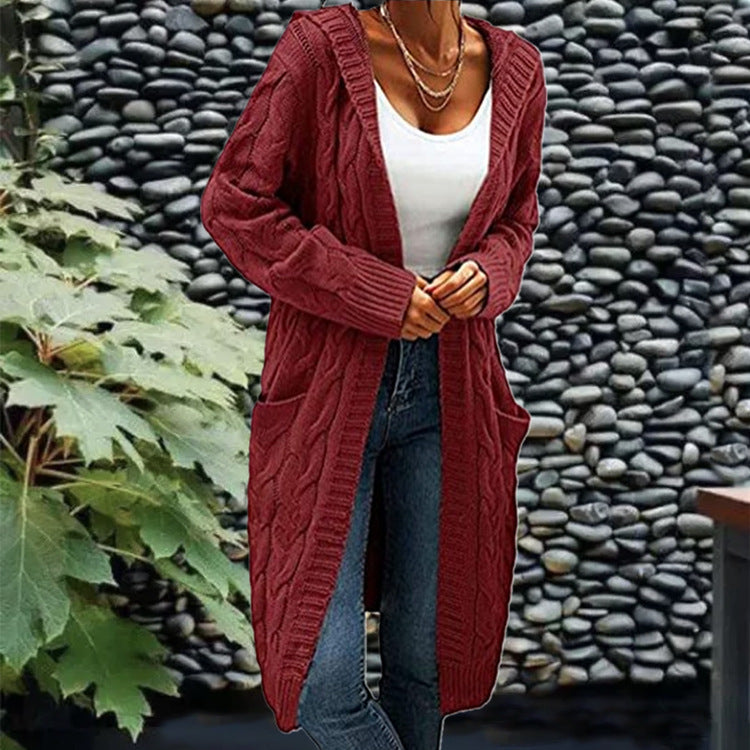 Long Knitted Plus-size Solid-color Sweater with Long Sleeves and Pockets